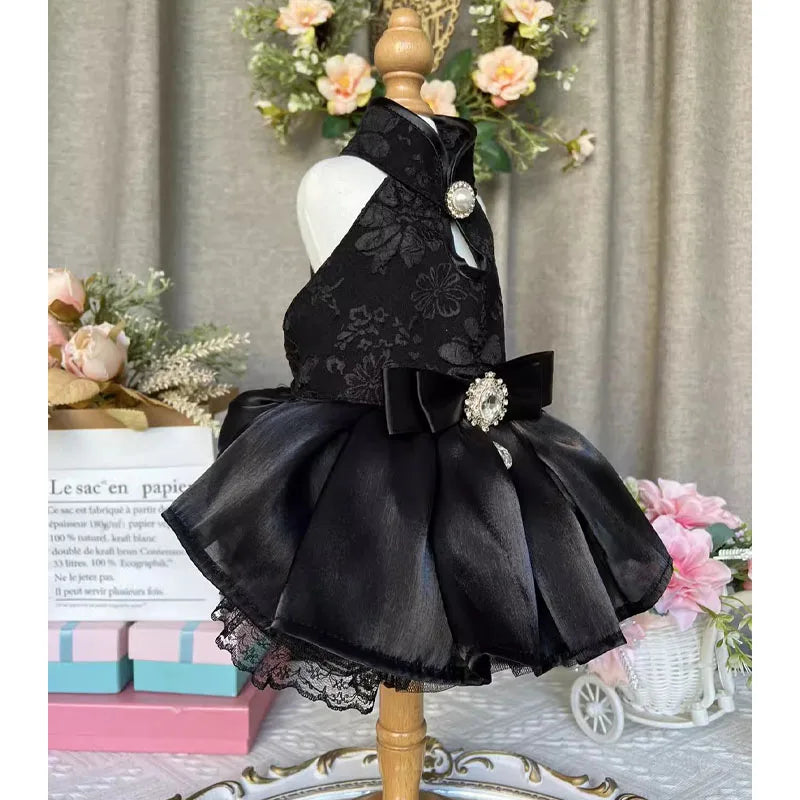 Handmade Pet Dog Clothes Flower Embroider Princess Skirts Fashion Elegant Black Evening Dress For Small Medium Dog Puppy Outfits