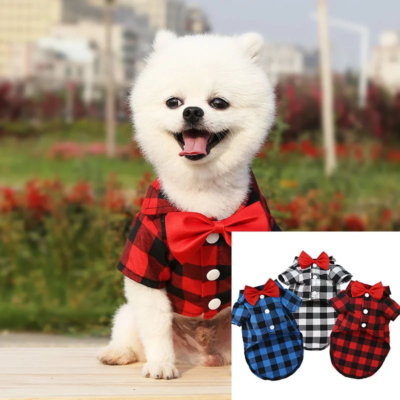 Pet Clothes Dogs Plaid Striped Shirt Suit Wedding Dress Puppy Coat Teddy Bear Pomeranian Vest Small-Medium Dog Cat Pet Costume