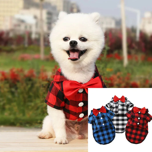 Pet Clothes Dogs Plaid Striped Shirt Suit Wedding Dress Puppy Coat Teddy Bear Pomeranian Vest Small-Medium Dog Cat Pet Costume