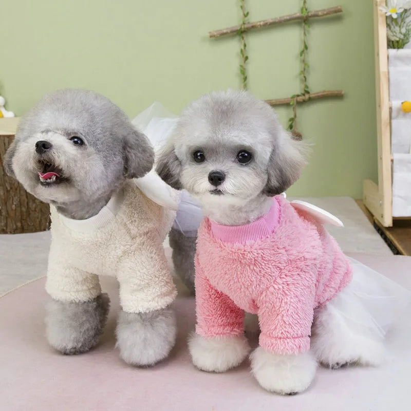 Pet Winter Clothes Rose Beige Dress Long Sleeve Plush Hoodies White Tulle Skirt Dog Clothes Puppy Dresses For Small Dogs Chiwawa