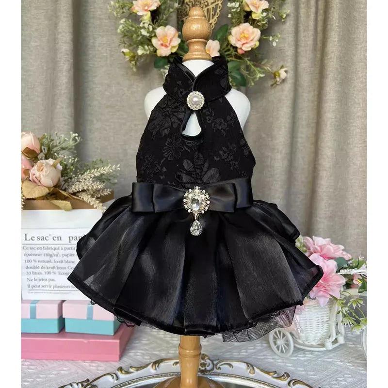 Handmade Pet Dog Clothes Flower Embroider Princess Skirts Fashion Elegant Black Evening Dress For Small Medium Dog Puppy Outfits