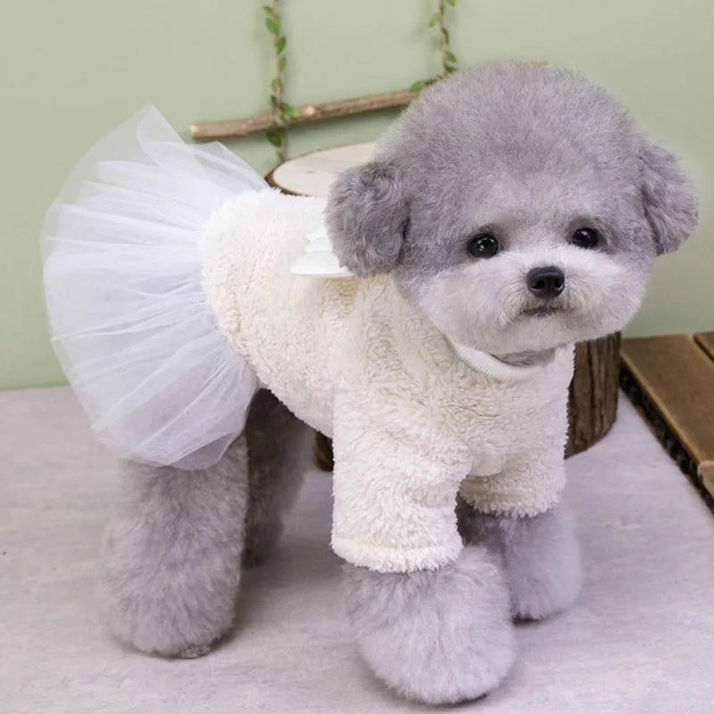 Pet Winter Clothes Rose Beige Dress Long Sleeve Plush Hoodies White Tulle Skirt Dog Clothes Puppy Dresses For Small Dogs Chiwawa