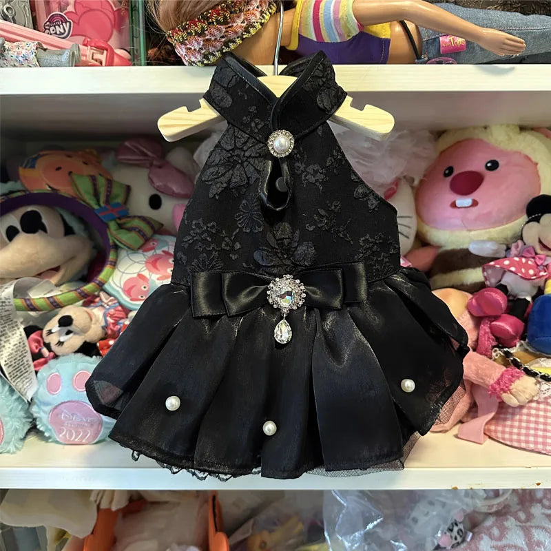 Handmade Pet Dog Clothes Flower Embroider Princess Skirts Fashion Elegant Black Evening Dress For Small Medium Dog Puppy Outfits