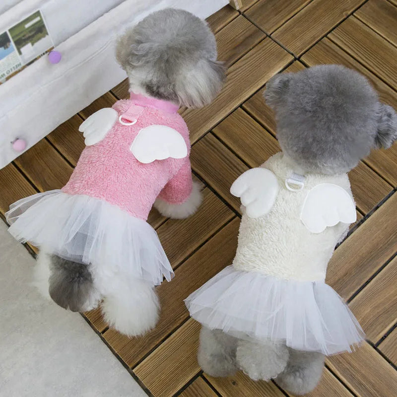 Pet Winter Clothes Rose Beige Dress Long Sleeve Plush Hoodies White Tulle Skirt Dog Clothes Puppy Dresses For Small Dogs Chiwawa