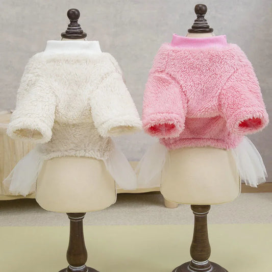 Pet Winter Clothes Rose Beige Dress Long Sleeve Plush Hoodies White Tulle Skirt Dog Clothes Puppy Dresses For Small Dogs Chiwawa