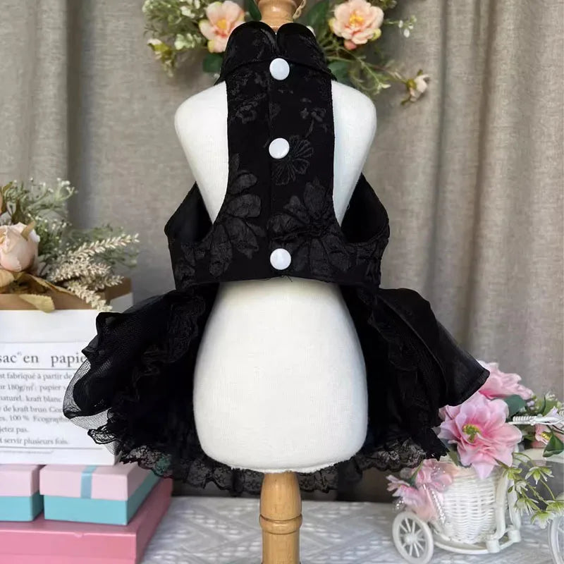 Handmade Pet Dog Clothes Flower Embroider Princess Skirts Fashion Elegant Black Evening Dress For Small Medium Dog Puppy Outfits