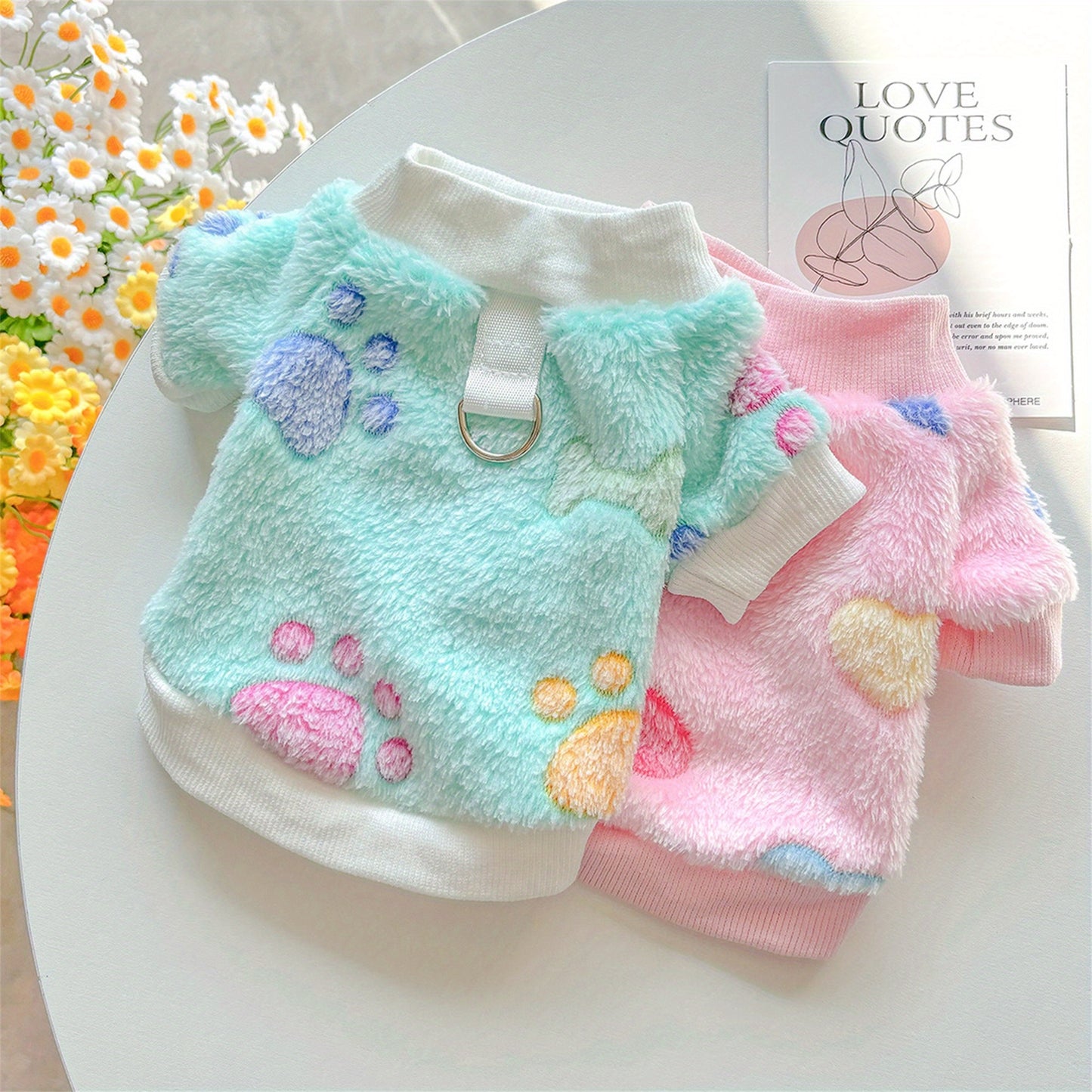 Warm Flannel Dog Sweatshirt with Heart and Paw Pattern, Fuzzy Two-Legged Winter Pet Clothes for Small/Medium Breeds