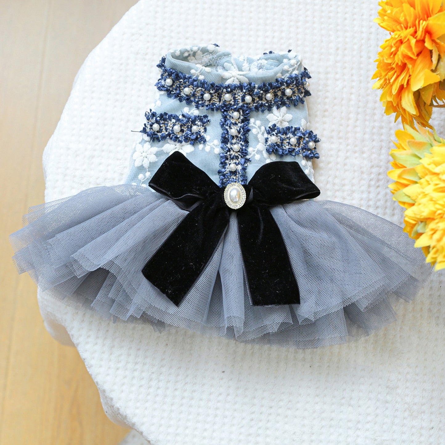 Dog Dress Pearl Bow Puppy Girl Tulle Dress Cat Princess Costume Pet Clothes for Small Dogs Cats
