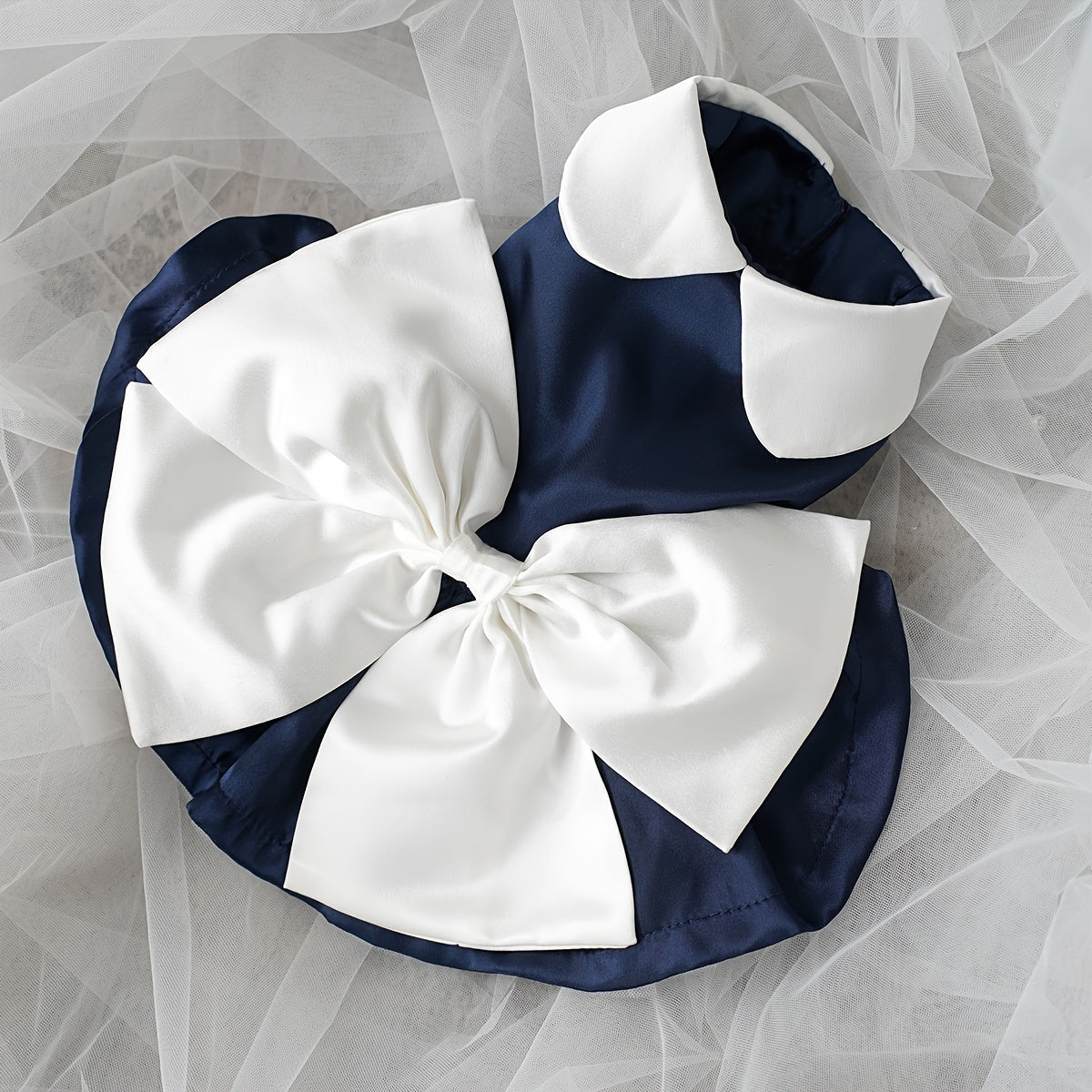 Charming Navy Blue Pet Dress with Bow & Doll Collar - Elegant Wedding & Party Attire for Small to Large Dogs and Cats, Adjustable Hook-and-loop Fastener Closure, White Ruffled Skirt Design, Adjustable Pet Outfit | Doll Collar
