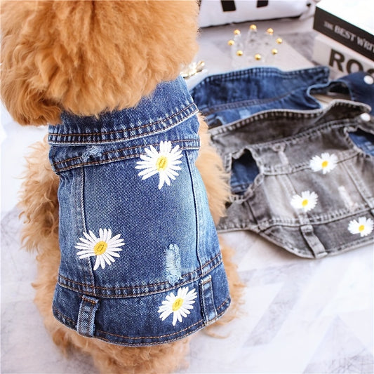 1pc Daisy Graphic Dog Denim Vest, Spring And Autumn Pet Clothes For Dogs Summer Clothing