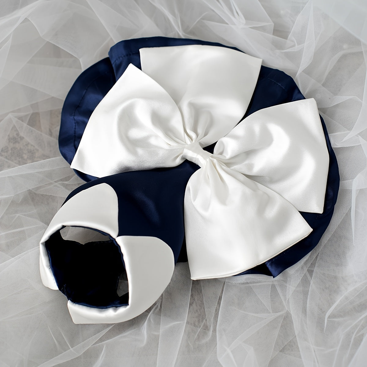 Charming Navy Blue Pet Dress with Bow & Doll Collar - Elegant Wedding & Party Attire for Small to Large Dogs and Cats, Adjustable Hook-and-loop Fastener Closure, White Ruffled Skirt Design, Adjustable Pet Outfit | Doll Collar