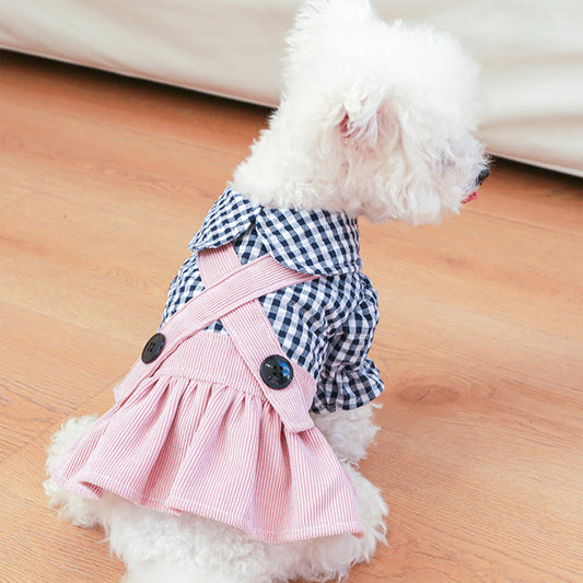 Dog Plaid Dress 2 Legs Covered Puppy Girl Suspender Dress Pet Clothes for Small Dogs Cats