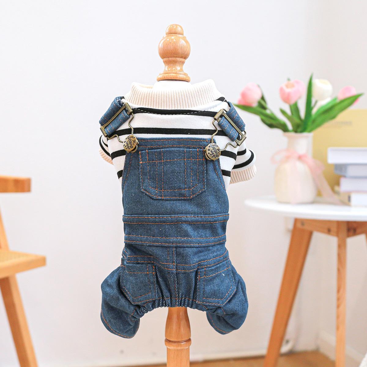Striped Classic Jeans Pet Clothes Dog Clothes Small Dog Autumn and Winter Warm and Comfortable