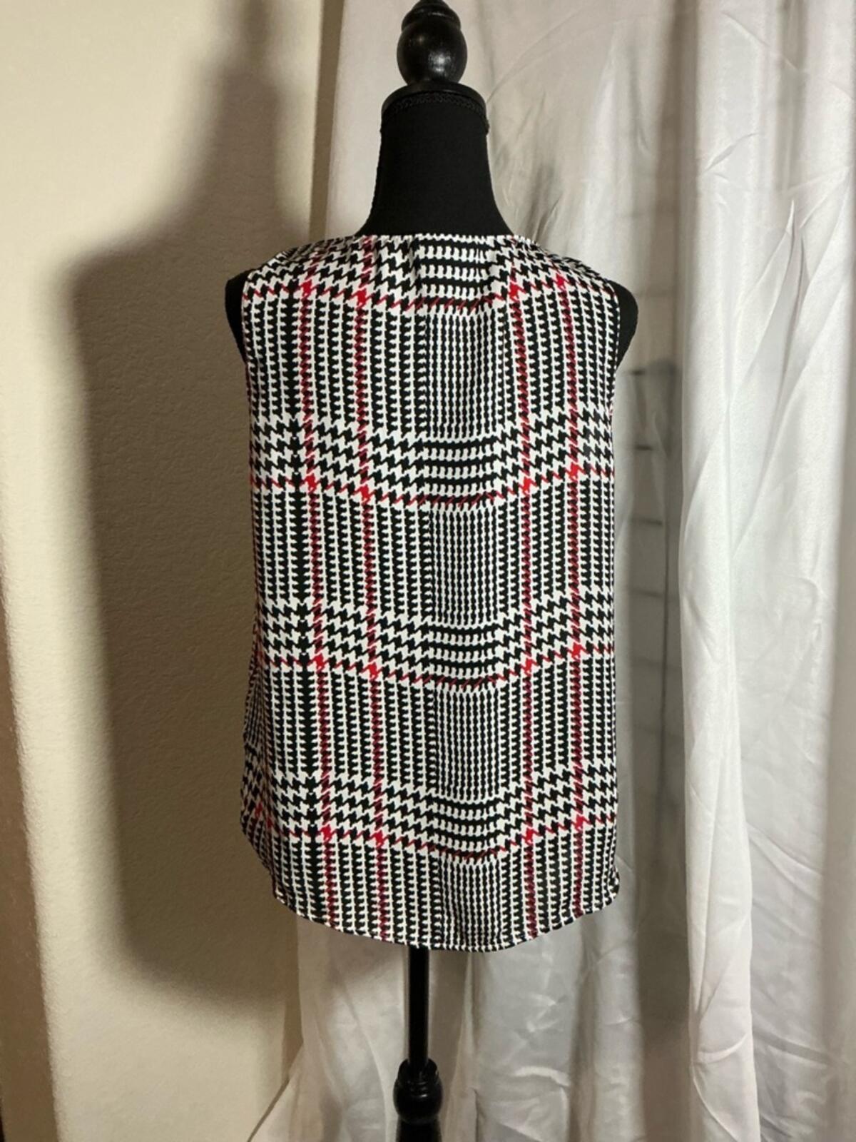Elle Sleeveless Ruffle Blouse Black White Red Houndstooth Plaid Career Top