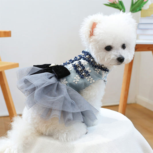 Dog Dress Pearl Bow Puppy Girl Tulle Dress Cat Princess Costume Pet Clothes for Small Dogs Cats