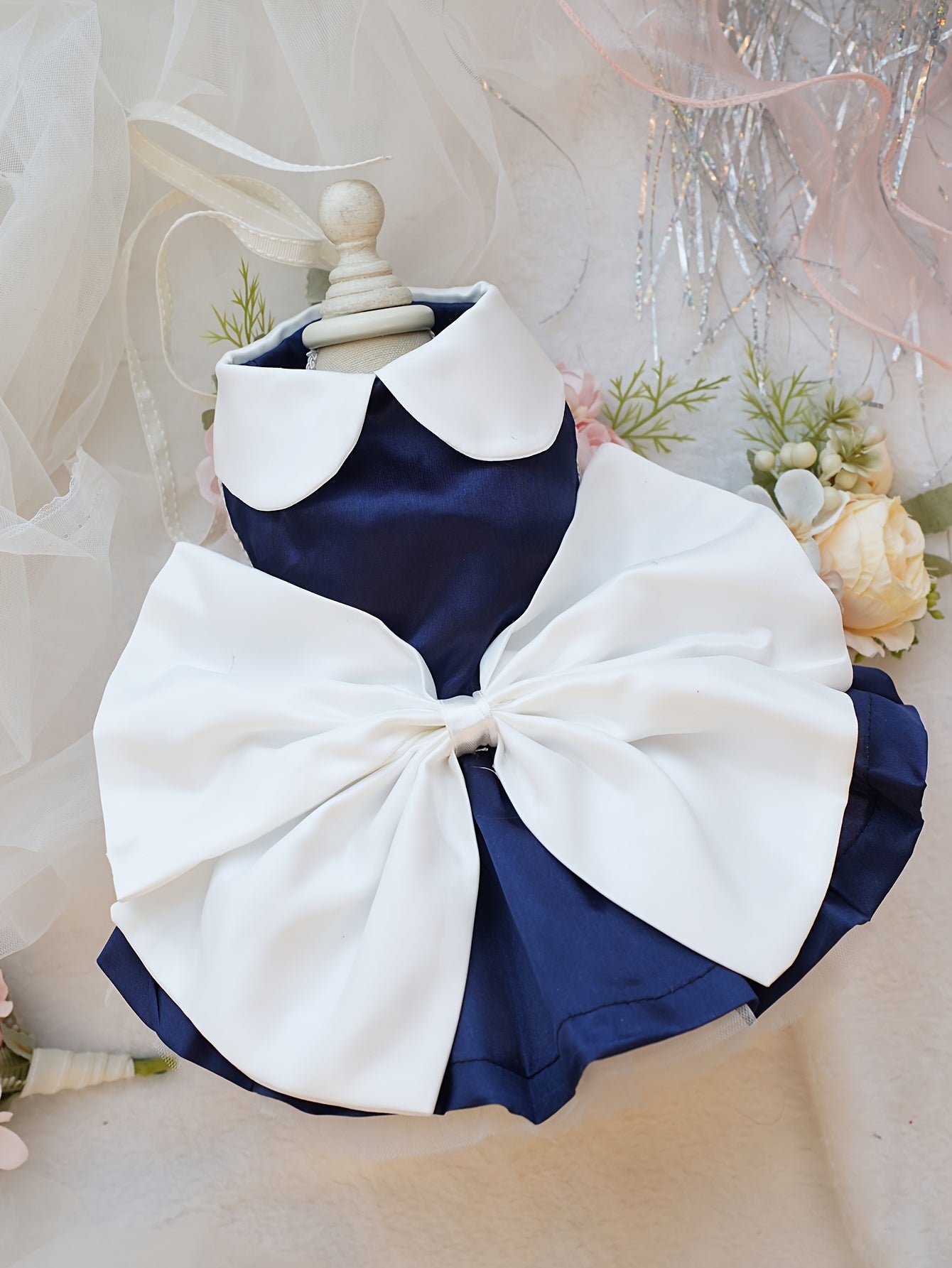 Charming Navy Blue Pet Dress with Bow & Doll Collar - Elegant Wedding & Party Attire for Small to Large Dogs and Cats, Adjustable Hook-and-loop Fastener Closure, White Ruffled Skirt Design, Adjustable Pet Outfit | Doll Collar