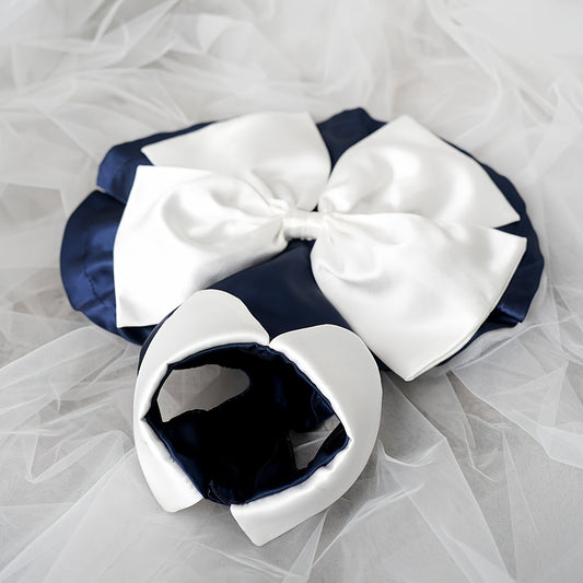Charming Navy Blue Pet Dress with Bow & Doll Collar - Elegant Wedding & Party Attire for Small to Large Dogs and Cats, Adjustable Hook-and-loop Fastener Closure, White Ruffled Skirt Design, Adjustable Pet Outfit | Doll Collar