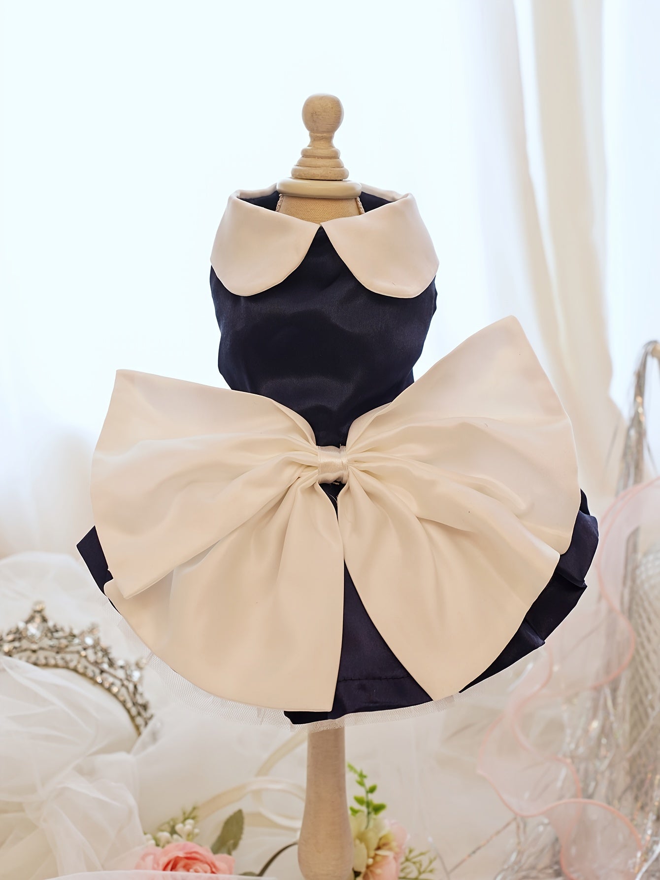 Charming Navy Blue Pet Dress with Bow & Doll Collar - Elegant Wedding & Party Attire for Small to Large Dogs and Cats, Adjustable Hook-and-loop Fastener Closure, White Ruffled Skirt Design, Adjustable Pet Outfit | Doll Collar