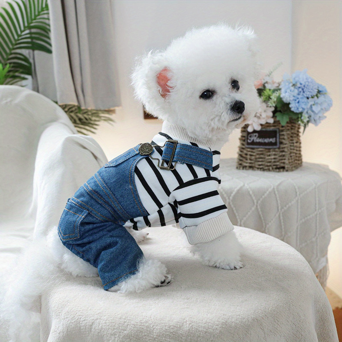 Striped Classic Jeans Pet Clothes Dog Clothes Small Dog Autumn and Winter Warm and Comfortable