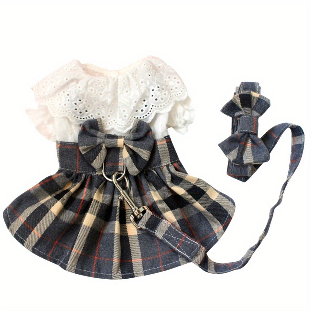 Dog Harness Dress with Leash Set, Princess Dog Dress for Small Dog Girl, Fashion Simple Plaid Puppy Dresses with D Ring, Pet Clothes Outfits Cat Apparel