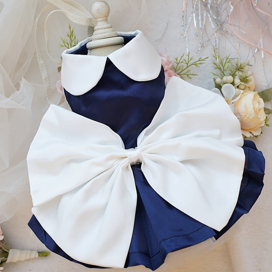 Charming Navy Blue Pet Dress with Bow & Doll Collar - Elegant Wedding & Party Attire for Small to Large Dogs and Cats, Adjustable Hook-and-loop Fastener Closure, White Ruffled Skirt Design, Adjustable Pet Outfit | Doll Collar
