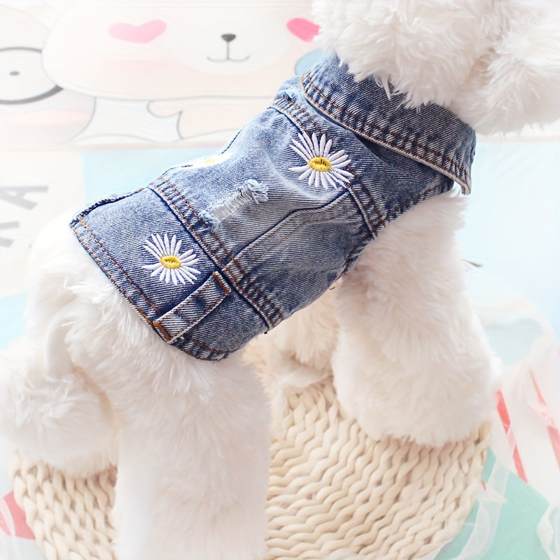 1pc Daisy Graphic Dog Denim Vest, Spring And Autumn Pet Clothes For Dogs Summer Clothing