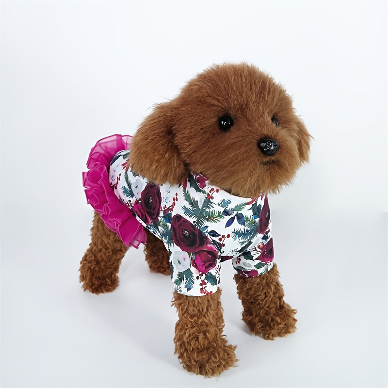Pet Clothes Dog Floral Printed Short Sleeves Tulle Tutu Dress Small Medium Large Pet Clothes
