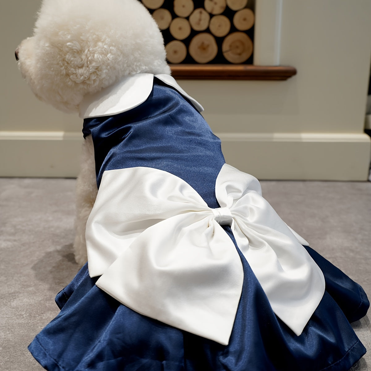 Charming Navy Blue Pet Dress with Bow & Doll Collar - Elegant Wedding & Party Attire for Small to Large Dogs and Cats, Adjustable Hook-and-loop Fastener Closure, White Ruffled Skirt Design, Adjustable Pet Outfit | Doll Collar