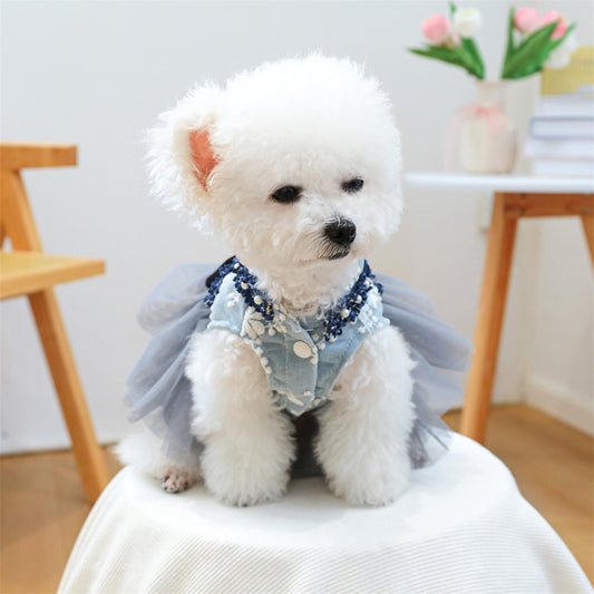 Dog Dress Pearl Bow Puppy Girl Tulle Dress Cat Princess Costume Pet Clothes for Small Dogs Cats