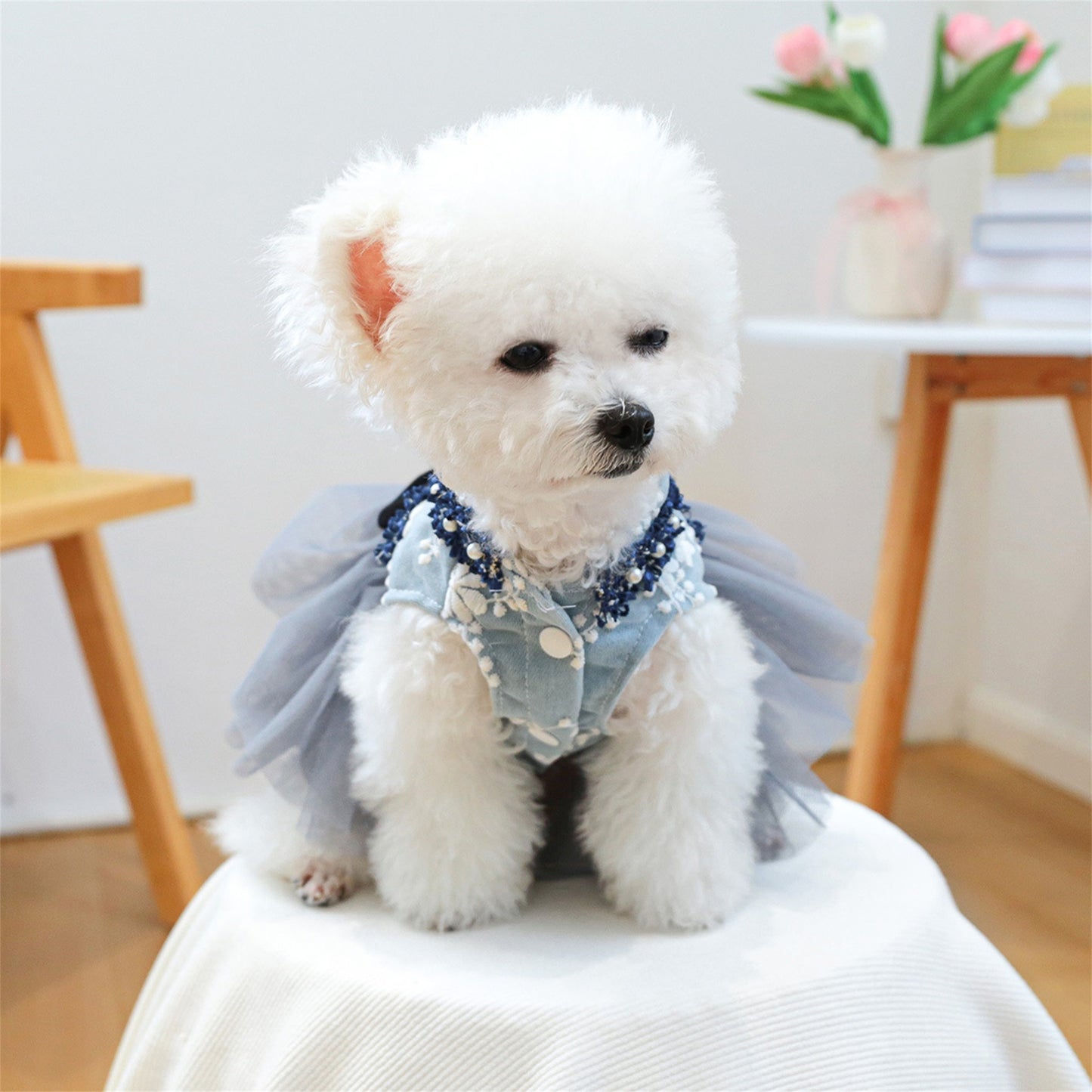Dog Dress Pearl Bow Puppy Girl Tulle Dress Cat Princess Costume Pet Clothes for Small Dogs Cats