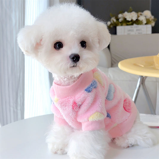 Warm Flannel Dog Sweatshirt with Heart and Paw Pattern, Fuzzy Two-Legged Winter Pet Clothes for Small/Medium Breeds
