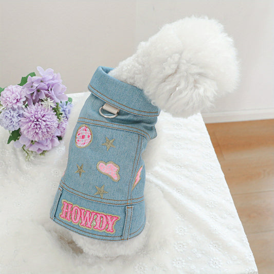 Denim Dog Jacket with Letter and Star Design, Jean Vest Style Pet Clothes for Small Dogs and Cats, Polyester, Pullover, Pet Clothes, D-Ring