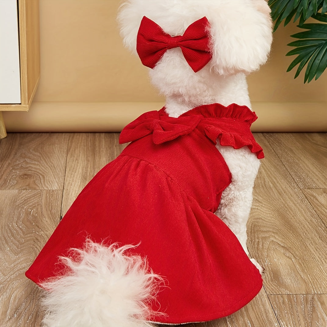 One Pet Clothes Autumn and Winter Velvet Red Corduroy Bow Dress with Hairpin Suggested to Buy One Size Up