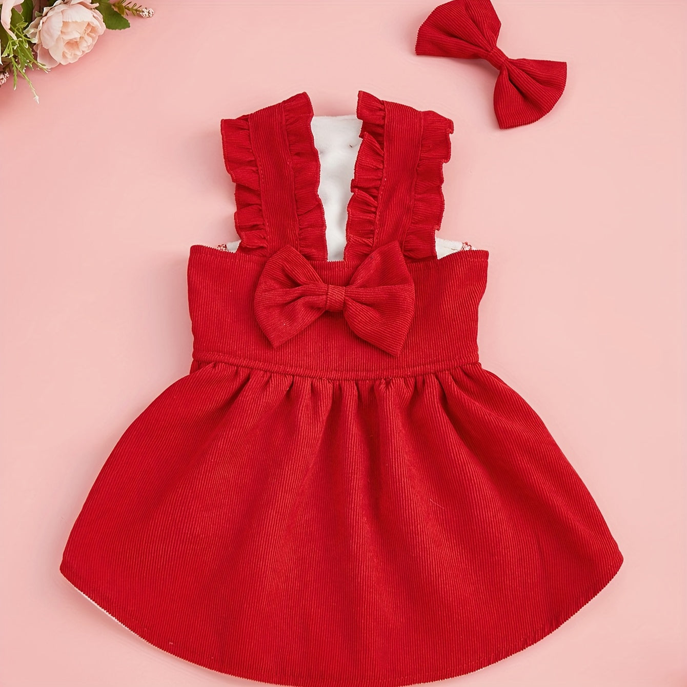 One Pet Clothes Autumn and Winter Velvet Red Corduroy Bow Dress with Hairpin Suggested to Buy One Size Up